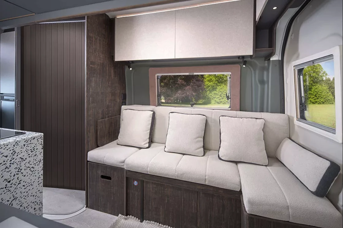 The "daytime mode" of the rear lounge is a sofa with slight chaise lounge-style rear extension
