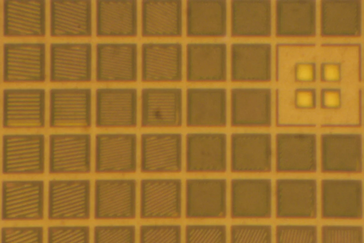 The left-center of a PFCA - note how each pixel has a unique set of optical gratings that radiate outwards from the middle (Photo: Patrick Gill)