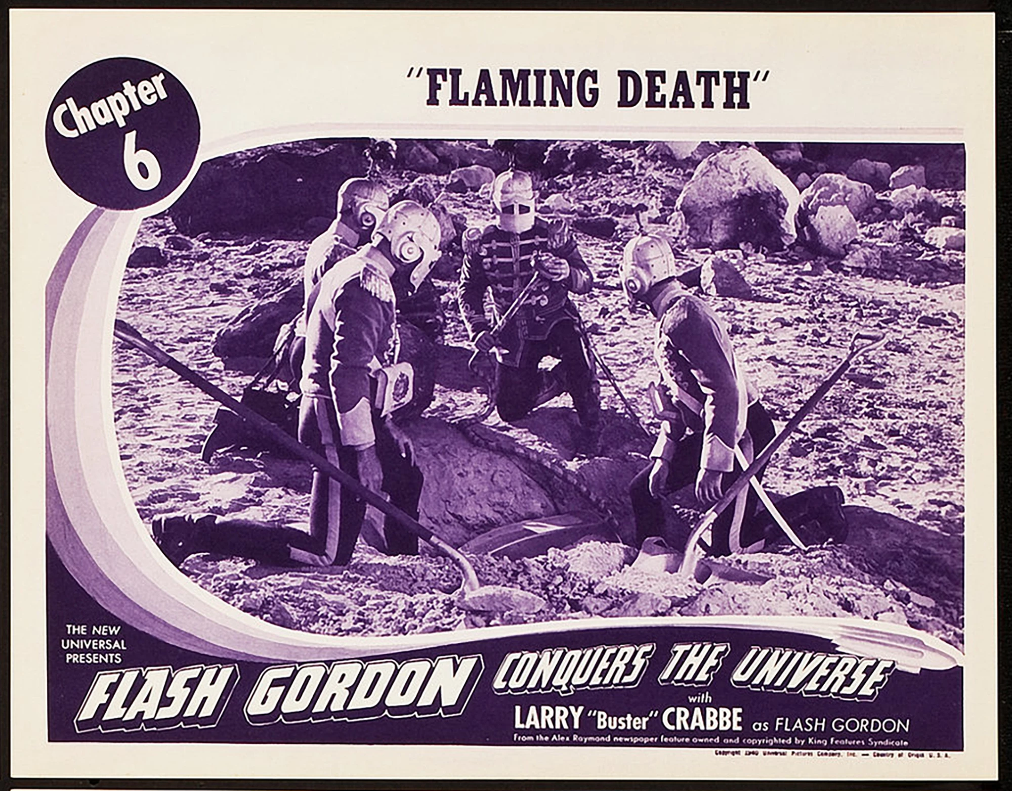 Flash Gordon was featured in three serial films: Flash Gordon (1936), Flash Gordon's Trip to Mars (1938), and Flash Gordon Conquers the Universe (1940). These movie serials were popular during the first half of the 20th century, consisting of a series of weekly episodes exhibited in consecutive order at theaters during the “shorts.” Each episode ended in a “cliffhanger” which helped to entice the audience back to the movie theater the following week for the next feature film, making the extremely popular Flash Gordon important to generating box office in movie theaters as audiences followed his adventures over months. Lobby cards such as this were important in promoting the next episode of the serial and are now highly sought after by collectors