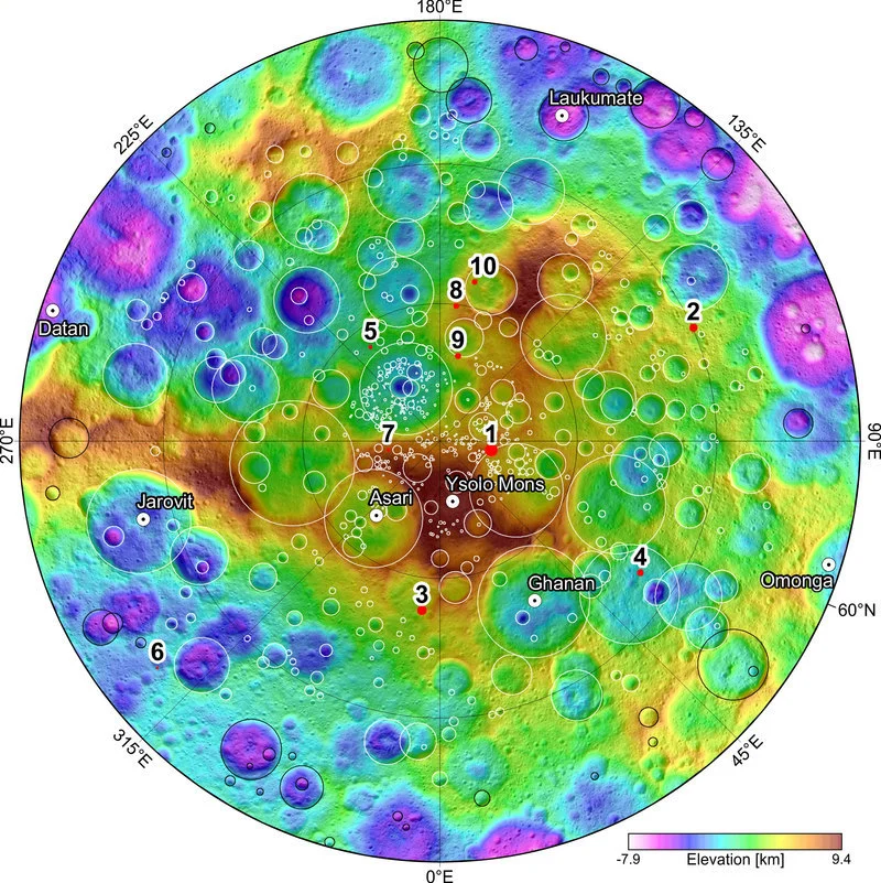 View of the North Pole with colors showing the varying height of Ceres' landscape