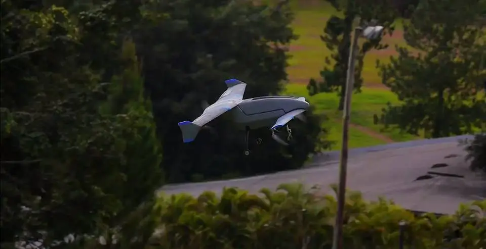The canard-style Vertex features four independently-tilting motors/propellers, steerable landing gear, and wings that can be removed when using it purely in quadcopter mode