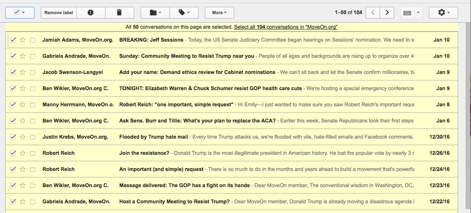 If there are more messages than fit on one page, choose the "Select all X conversations" link