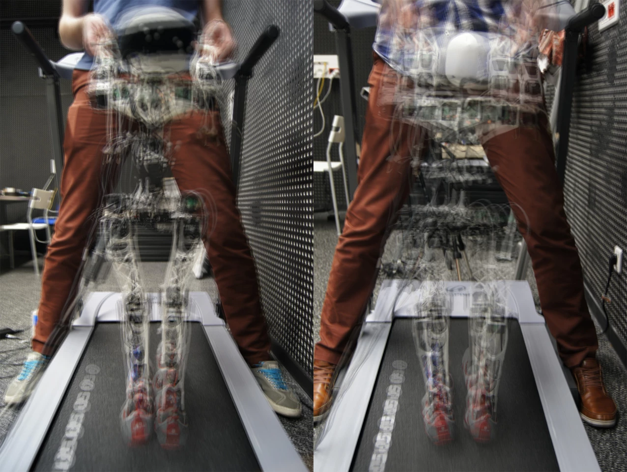 Here you can see the dramatic difference in lateral movement between the Poppy with bent thighs (left) and straight thighs (right) (Photo: Inria / H. Raguet)