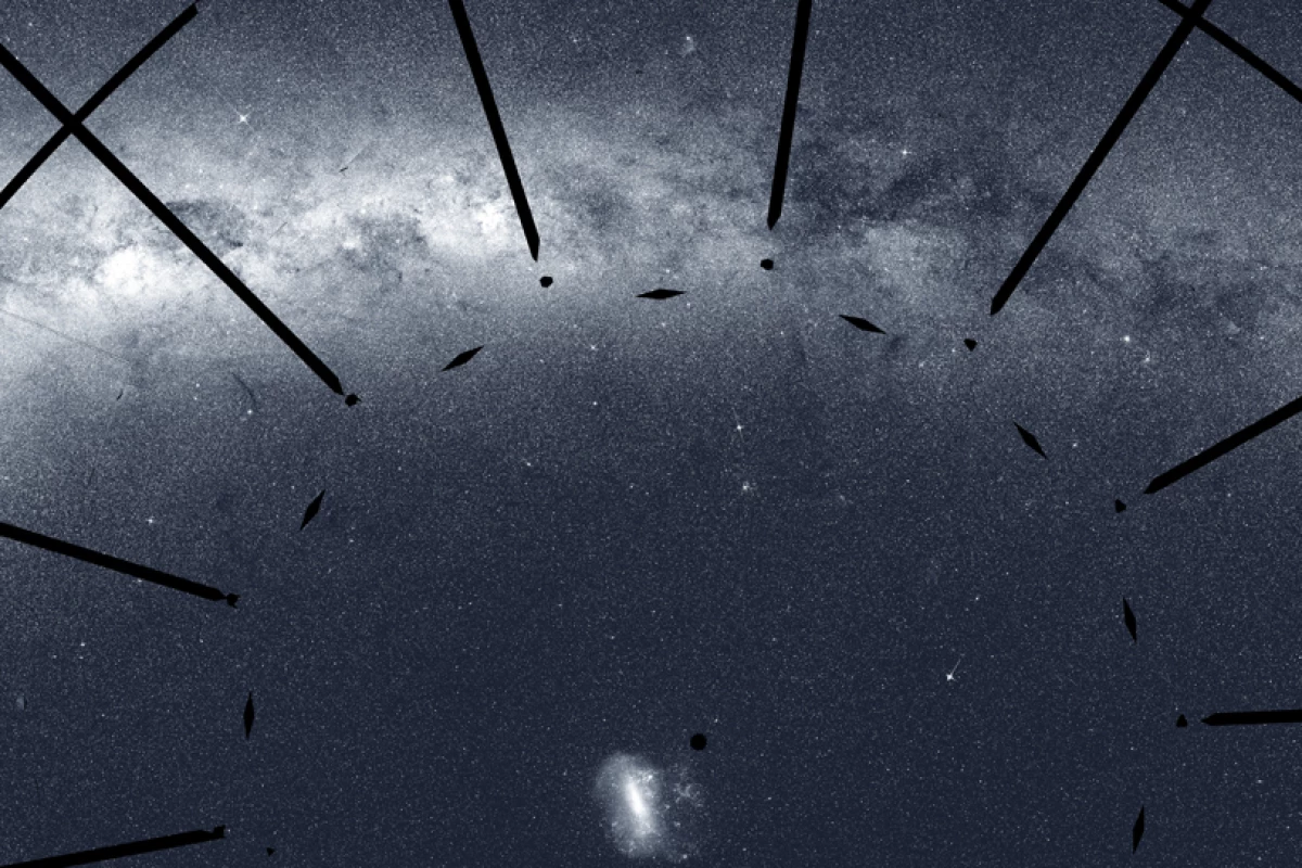 A section of the southern sky mosaic flipped onto its side – the dark lines indicate areas of the sky that were not imaged by TESS's cameras