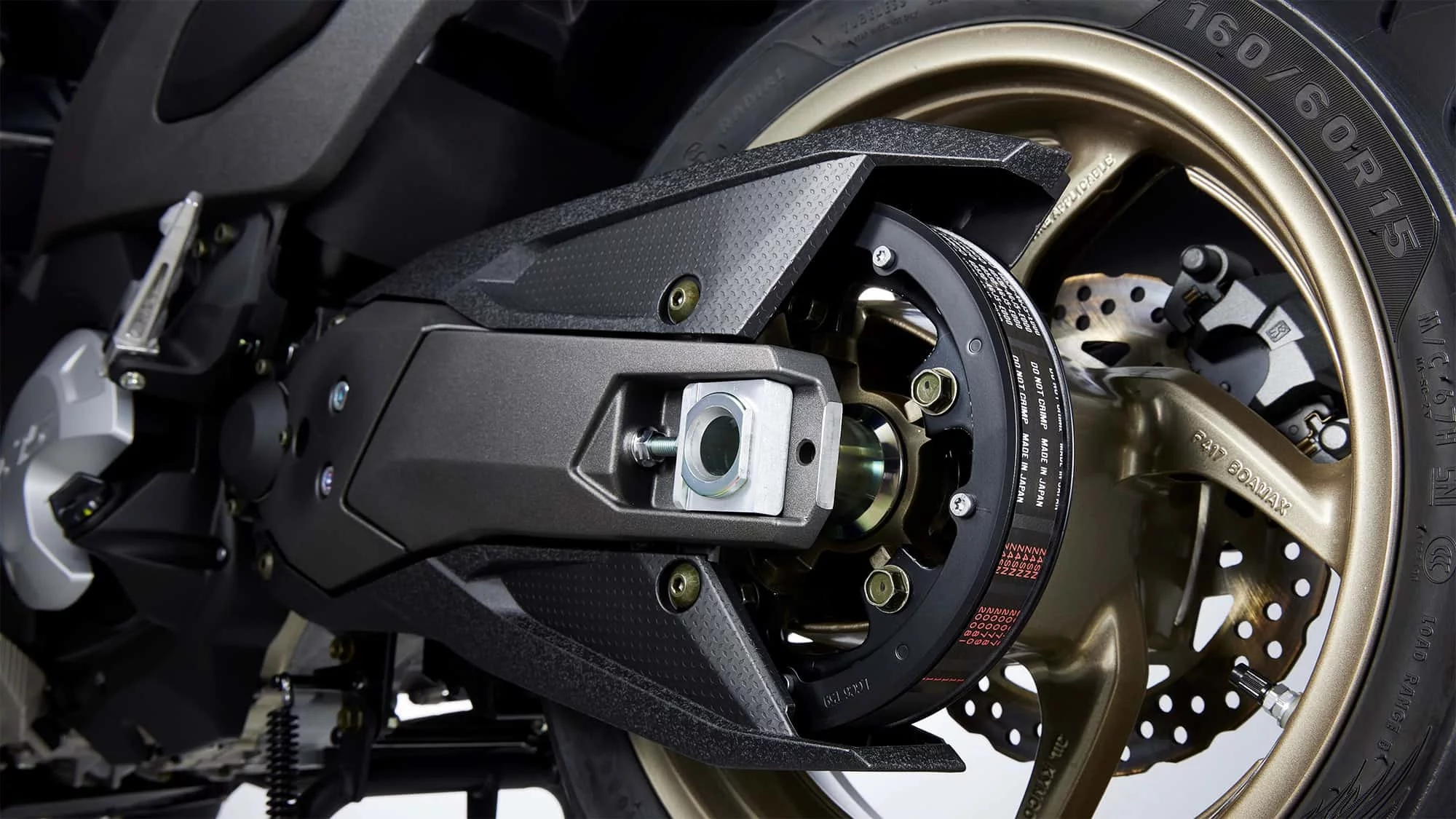 In typical motorcycle fashion, the CV3 575i comes with a belt final drive on an aluminum swingarm