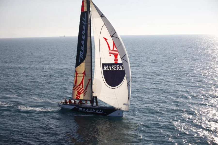 The Maserati VOR70 mono-hull racing yacht features a carbon mast over 98 ft (30 m) high