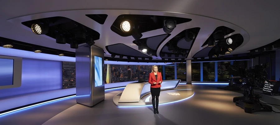 The studio's ceiling setup includes lighting, acoustic equipment, heating, ventilating and air conditioning equipment, sprinkler and smoke detectors – all integrated into the structural steel beams