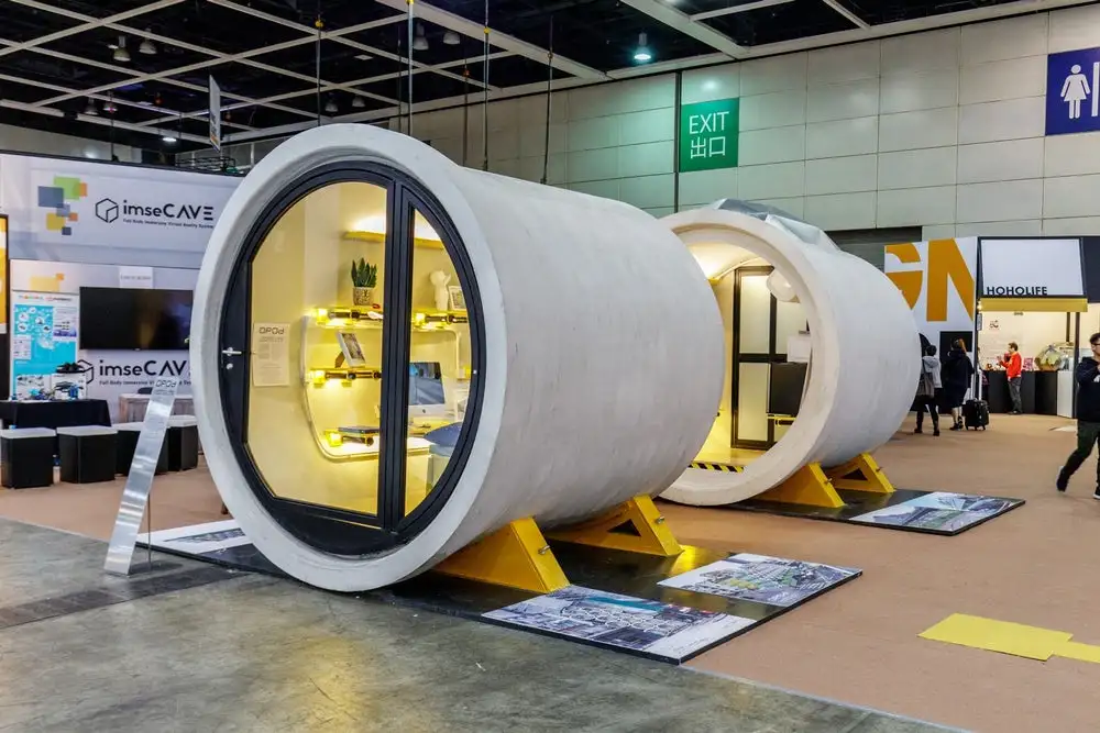 The snug interior of the OPod Tube House features an apartment-style layout suitable for one or two people