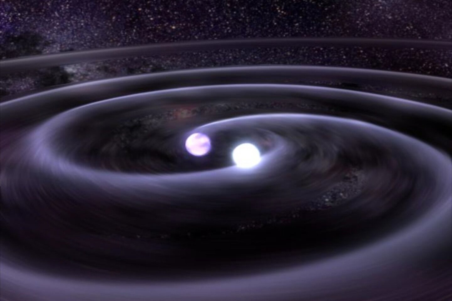 Artist's concept of the cataclysmic merging of a binary star system generating gravity waves (Image: NASA)