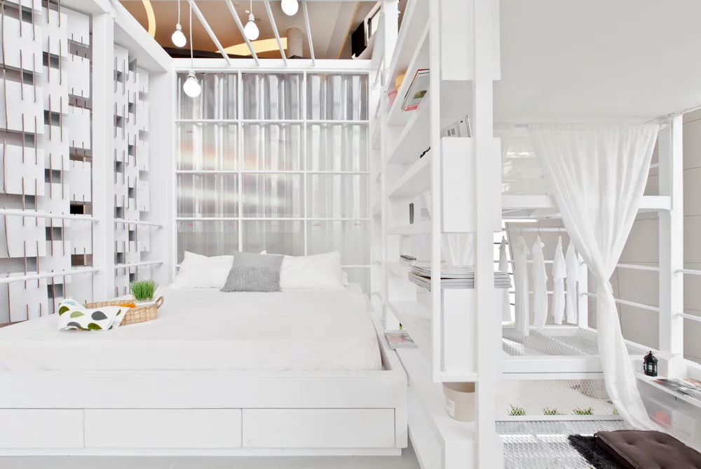 Besides the bathroom, there are few real walls, and the designers promote the benefits of a shared, open space