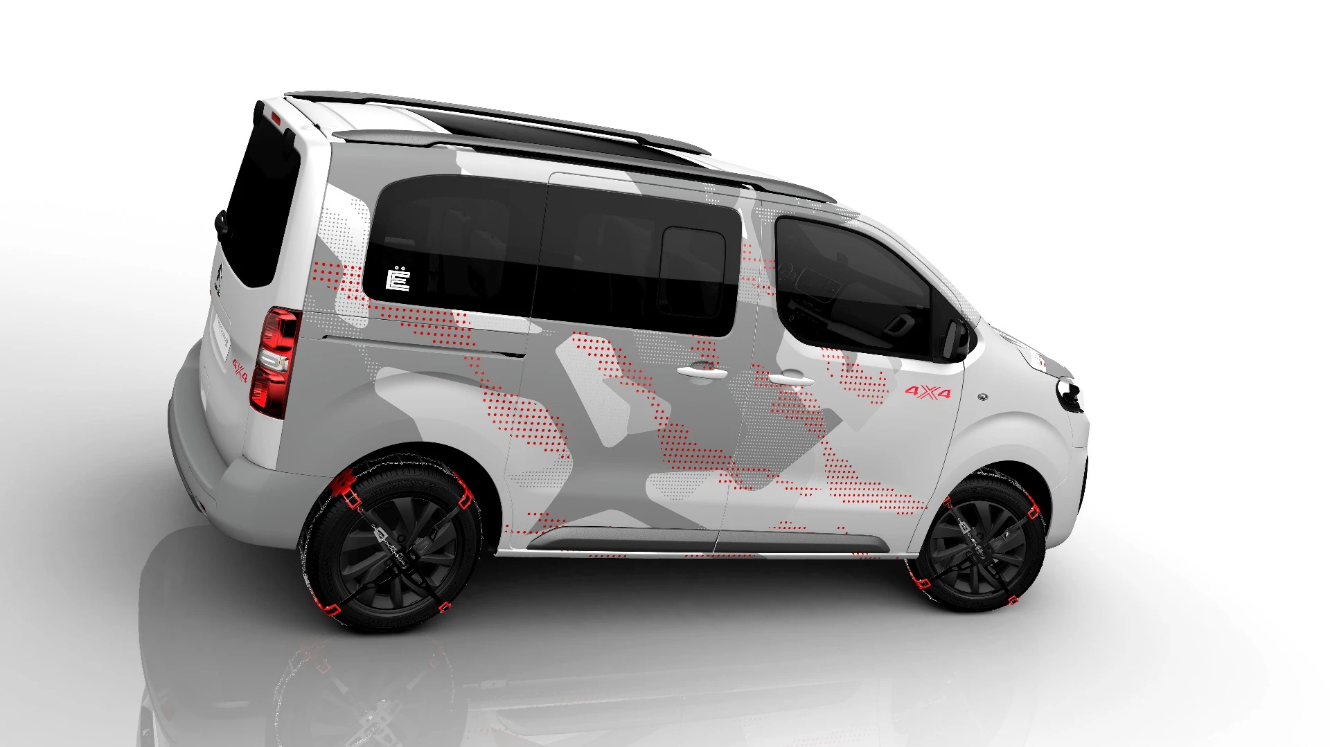 The all-new SpaceTourer 4X4 Ë Concept has a gray camo/red accents on white look