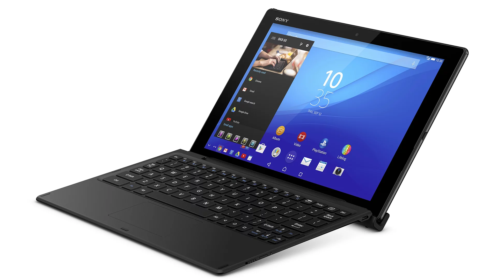 The tablet clips into Sony's BKB50 Bluetooth Keyboard, which includes a touchpad and carries its own battery
