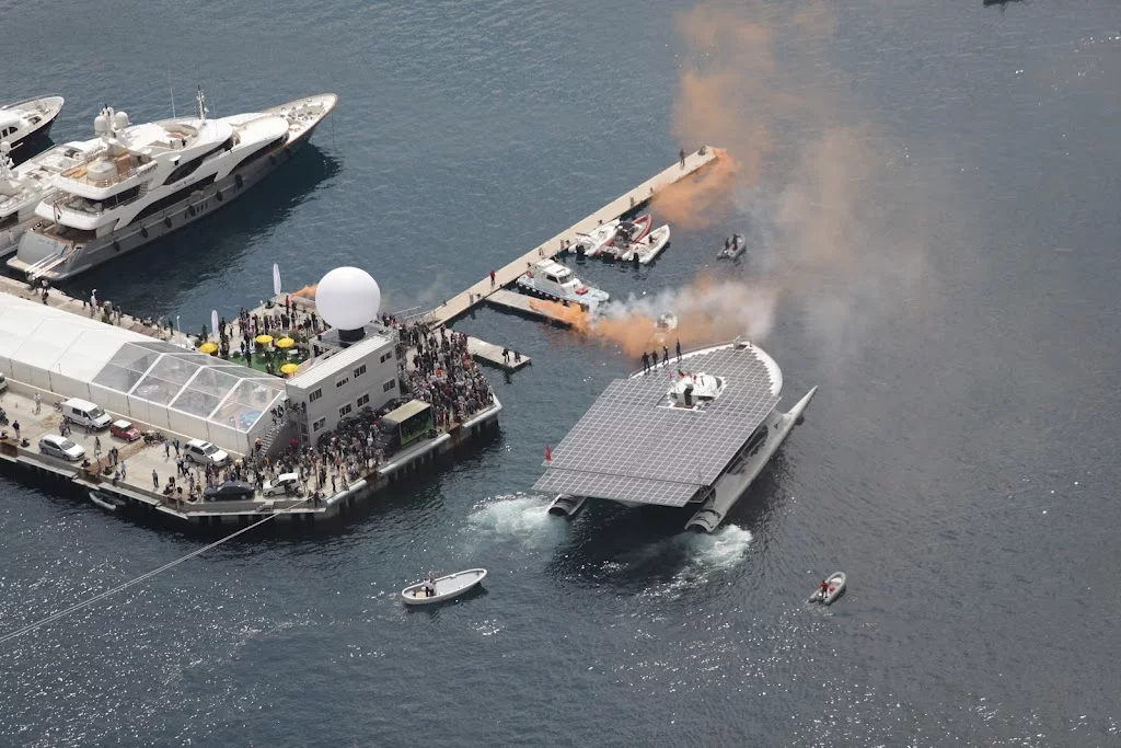 The TURANOR PlanetSolar, as it enters Monaco's Hercule Harbor