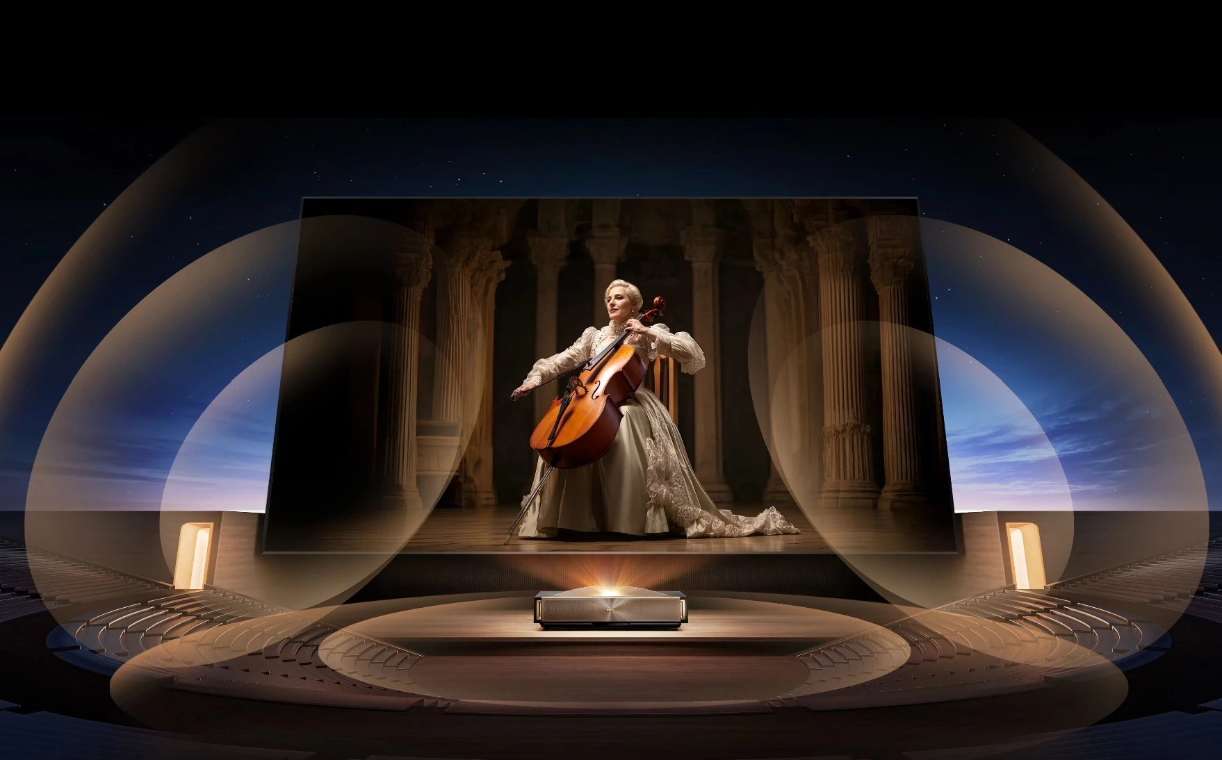 "For audio, the L9Q features an exclusive Opéra de Paris | Devialet edition. Its 6.2.2 channel speaker system with Dolby Atmos creates rich, multidimensional sound that fills the room - perfect for movies and music"