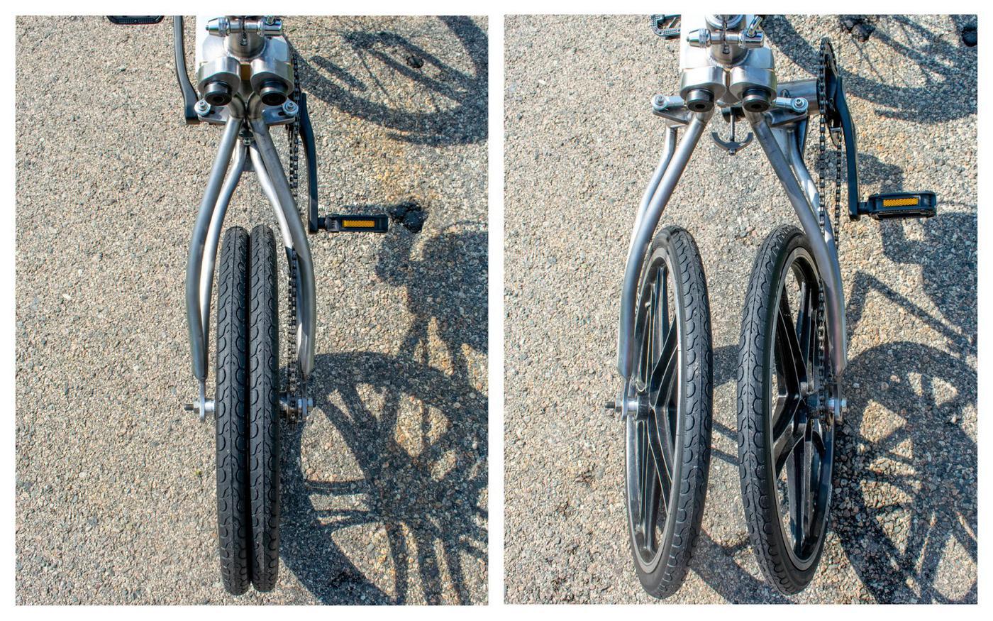 The MIT Autonomous Bicycle's rear wheels, in bicycle and tricycle modes