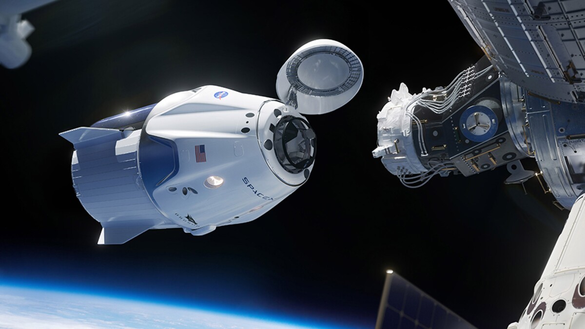 An artist's impression of SpaceX's Crew Dragon docking with the International Space Station