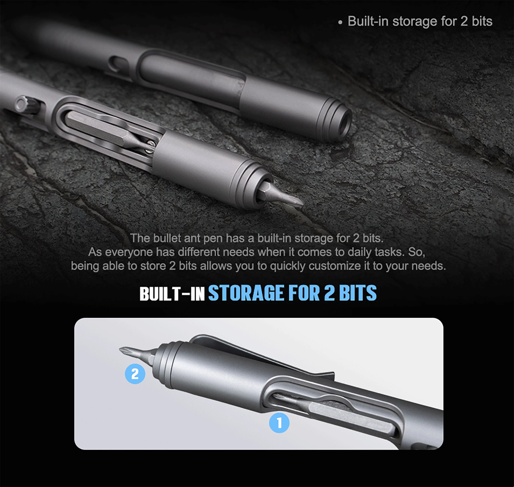 The tool has built-in storage for two steel bits