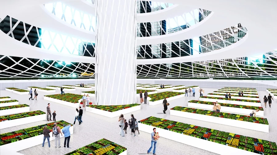 The Urban Skyfarm would also contain water treatment area, a food processing area, a farmers' market, viewing decks, public spaces and cafeterias
