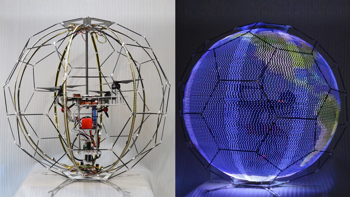 NTT Docomo's spherical drone display consists of a quadcopter contained within an external frame and rotating strips of LEDs