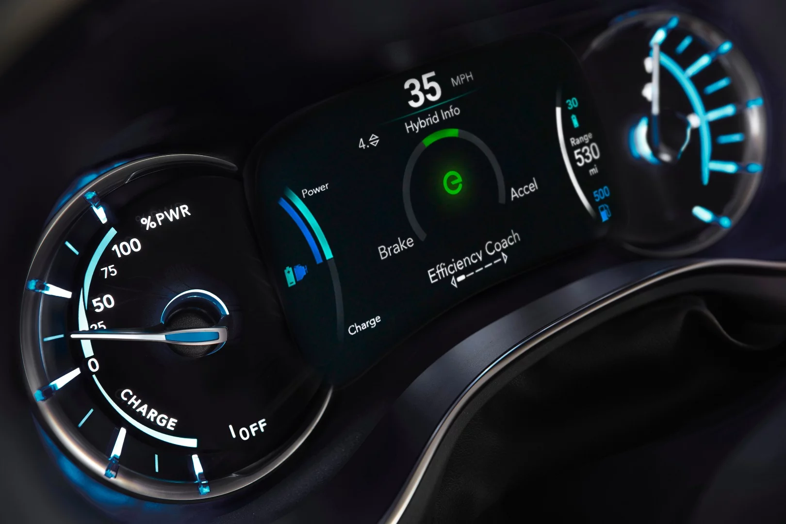 Unique to the 2017 Pacifica Hybrid model is this instrument gauge cluster, which shows power consumption and fuel usage rather than a tachometer and speed, the latter of which is digitally placed at top