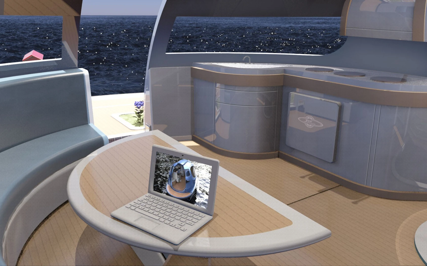 The top, main level of the UFO includes a kitchen and dining/living area