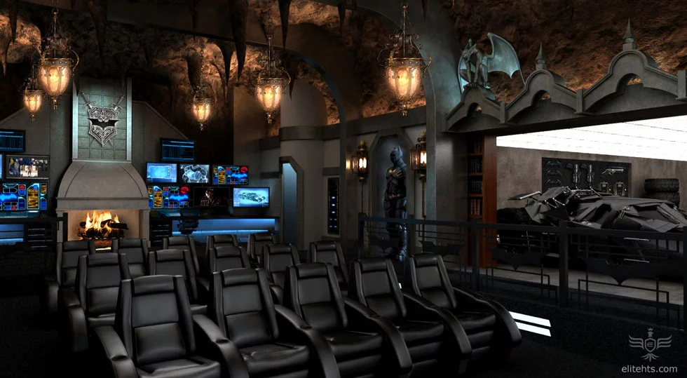 The design is equipped with “Batcomputer” stations, a stately grandfather clock, bat suits and a cylindrical stainless steel elevator with a glowing Bat symbol