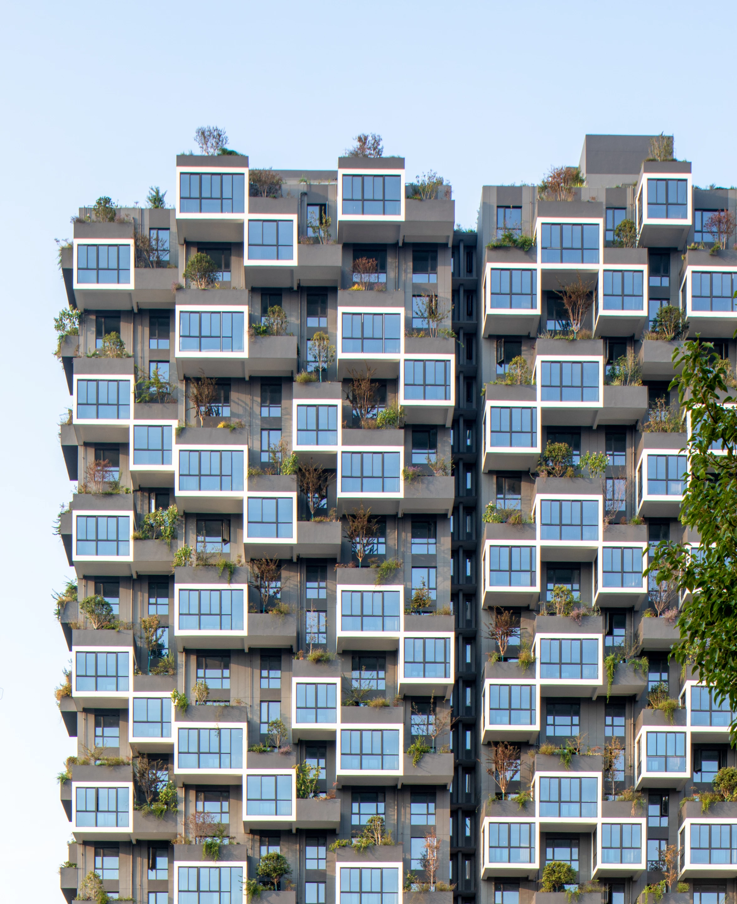 The Easyhome Huanggang Vertical Forest City Complex's greenery is made up of 404 trees, 4,620 shrubs, plus there's perennial grass, flowers, and climbing plants