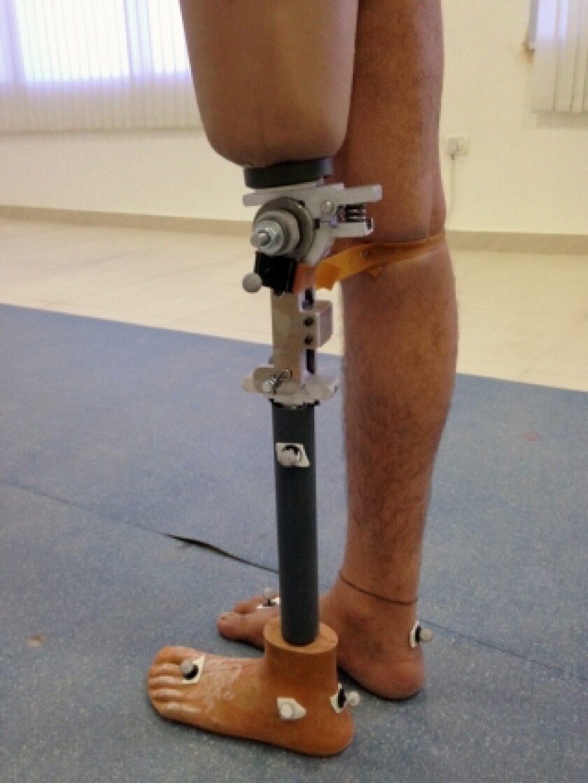 A prototype of the prosthetic knee being tested at a Jaipur Foot organization in India