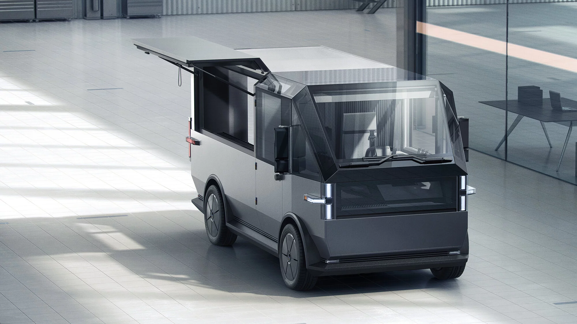 The vehicle opens up from the side