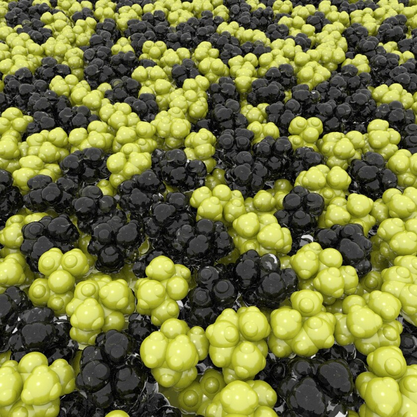 An artist's rendition of the molecules in the new transparent, conductive material: the radical groups (yellow) are linked enough to allow electricity to pass through, despite there being many non-conductive areas (black)