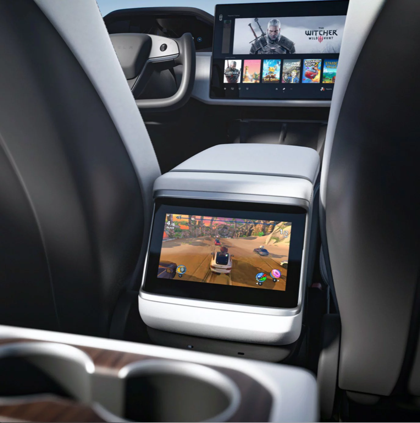 A built-in gaming computer compatible with wireless controllers runs the front and rear touch screens