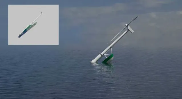The WindFlip barge would begin to fill with water once in place, sinking stern-first into the ocean, and flipping the turbine into position