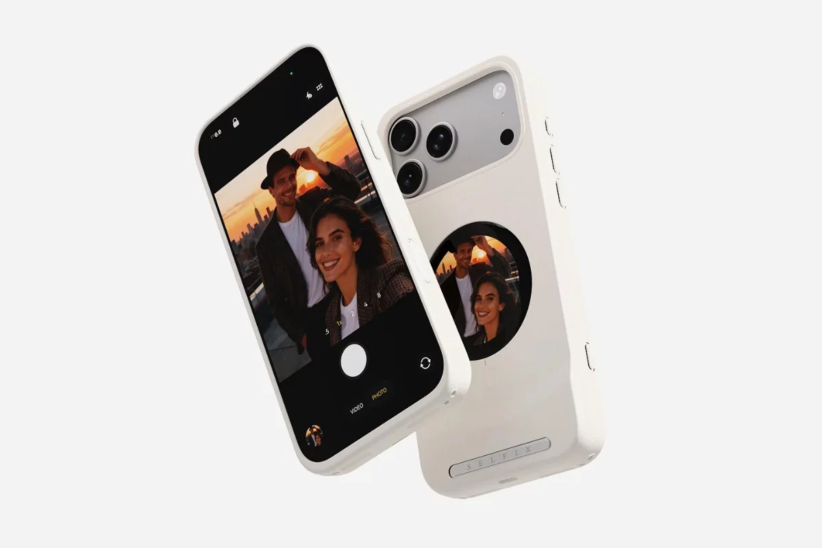 The Selfix case features a circular touchscreen you can use like a mirror to compose selfies and shoot with the rear camera