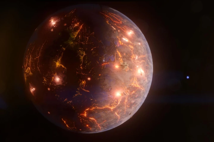 An artist's impression of Earth-sized exoplanet LP 791-18d, only 90 light-years away. The gravitational tug of the more massive blue planet in the background may cause internal heating and volcanic eruptions