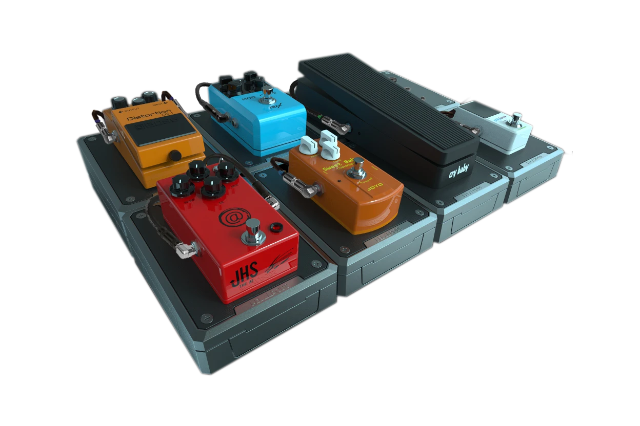 Each Pedal Pods module has its own adjustable power source and locks with other Pods to form a custom pedalboard