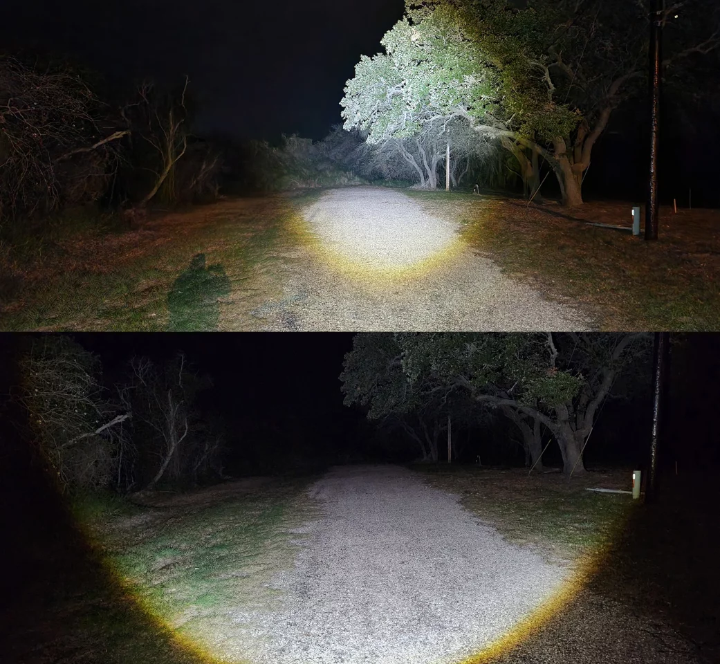 Narrow focused beam on top, wider angle beam on bottom. Distance is about one block away