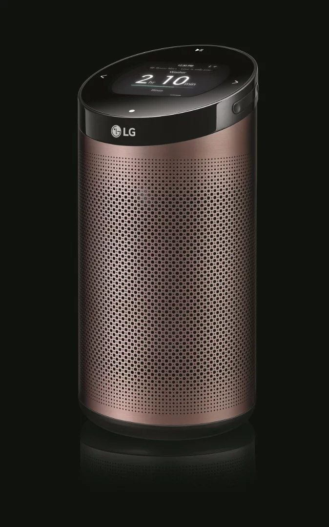 The cylindrical SmartThinQ Hub has a metallic body and connects with smart devices in the home over Wi-Fi, Bluetooth and the Zigbee protocol