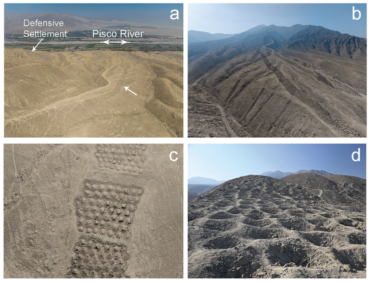 Aerial photographs of the Band of Holes and its surrounding environment (a-c) and ground-level photograph of the holes (d)