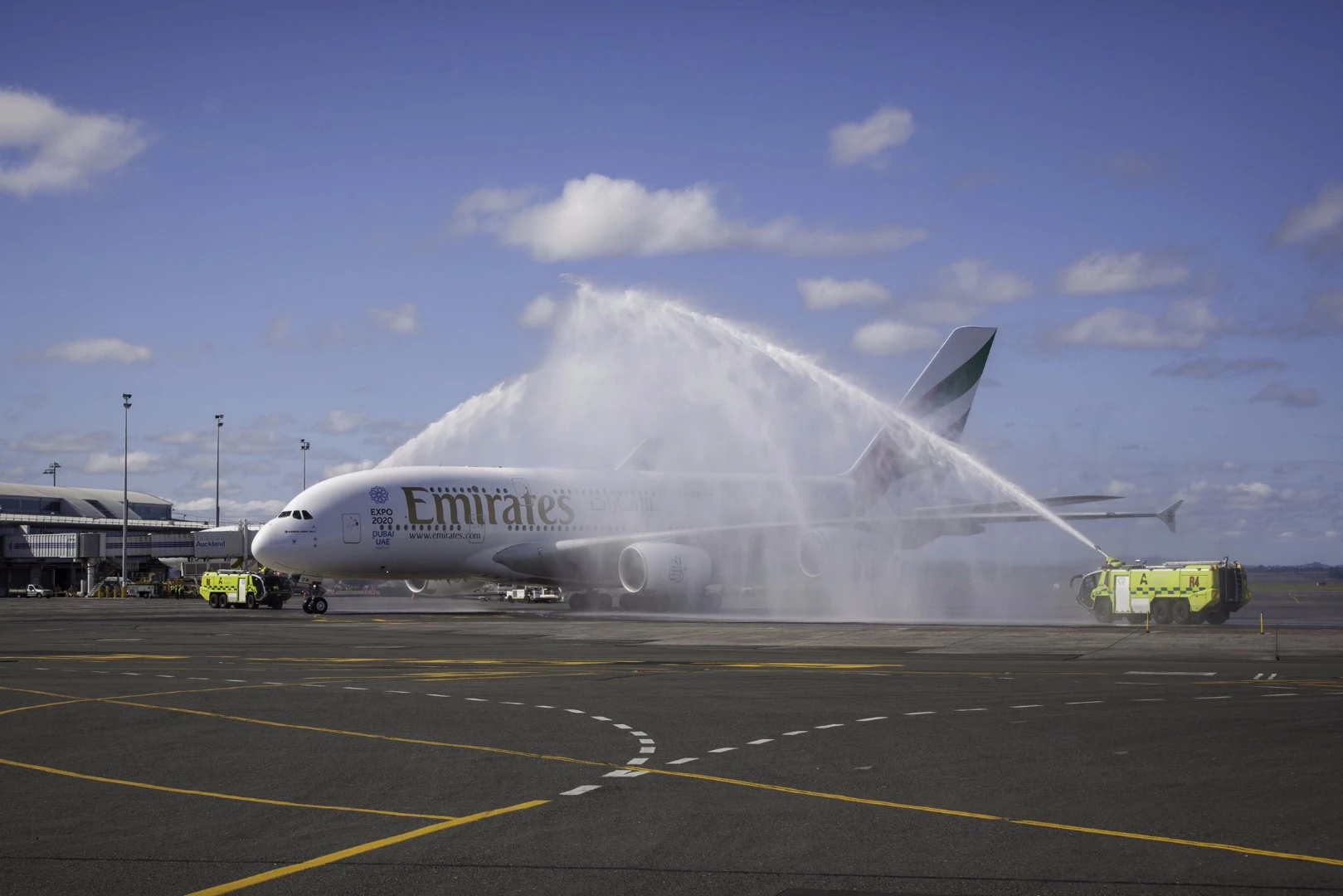 The A380 used for the maiden flight was received with a traditional water canon salute after touchdown in Auckland