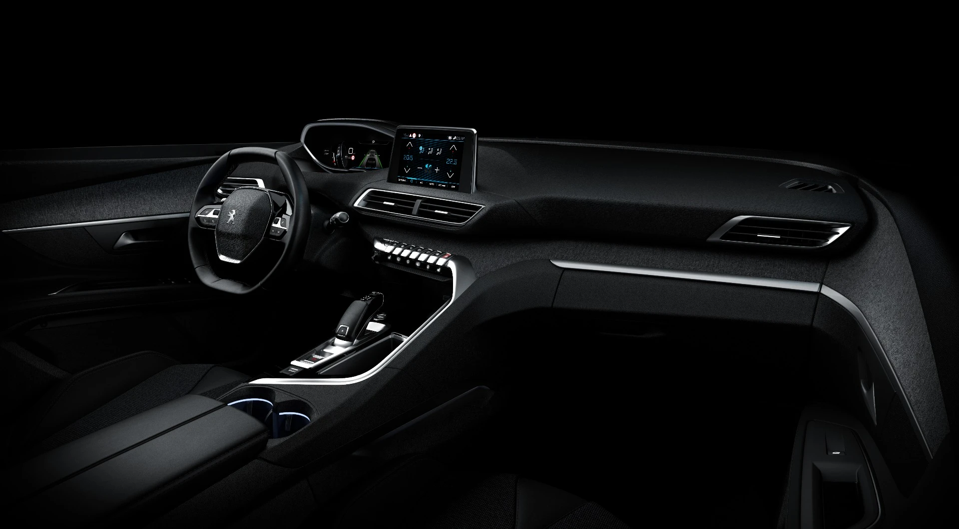 The new i-Cockpit combines a digital instrument panel, 8-in touchscreen and slim steering wheel