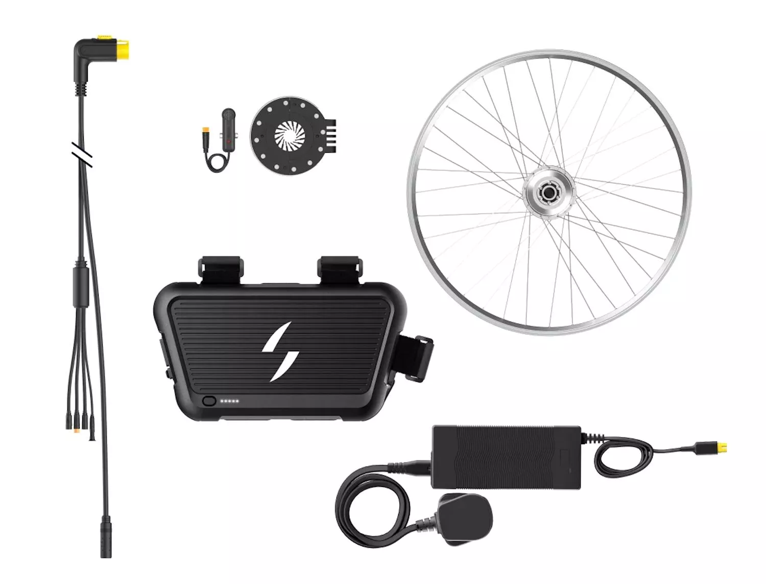 The Swytch Go Kit includes a front wheel featuring a 250-W hub motor, a pedal sensor, cabling and a charger