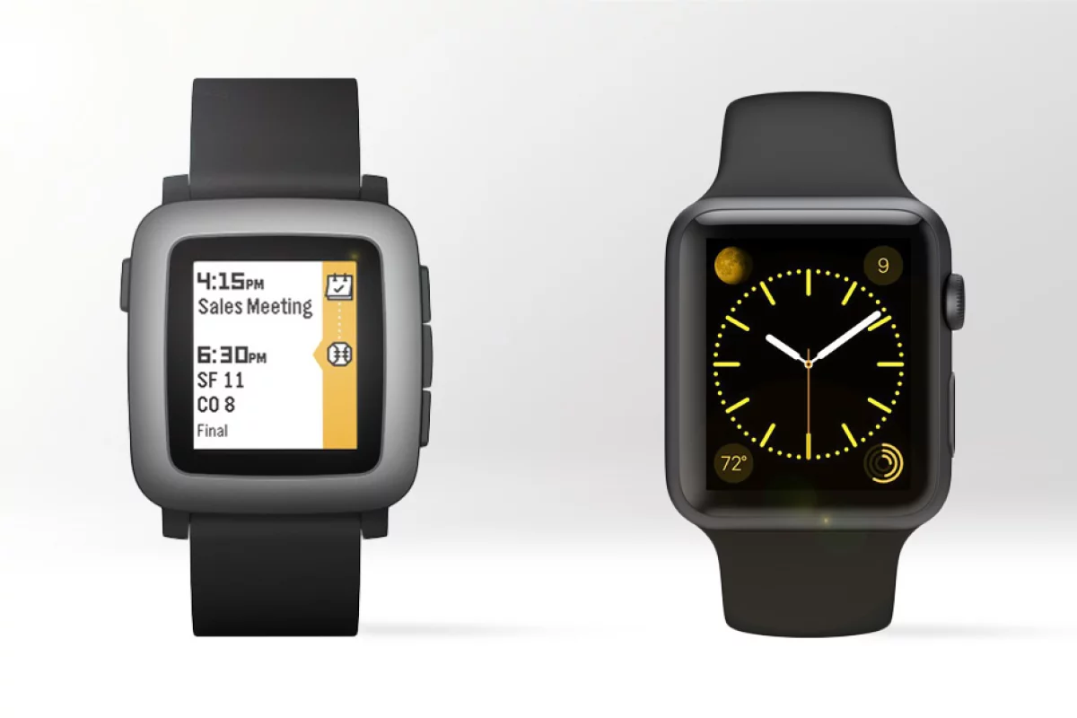 Gizmag compares the features and specs of the Pebble Time (left) and Apple Watch