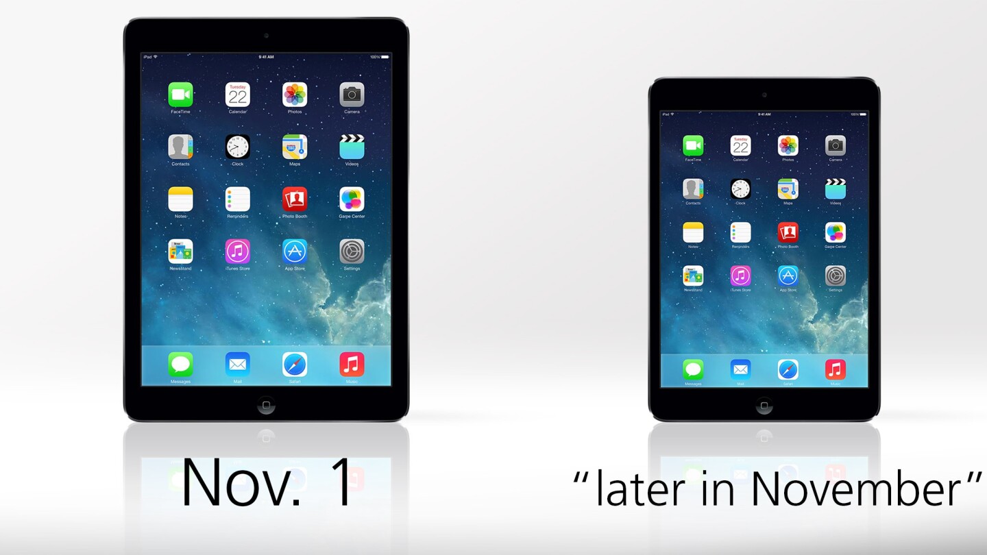 The iPad Air launches on November 1, while the Retina mini will follow later that month