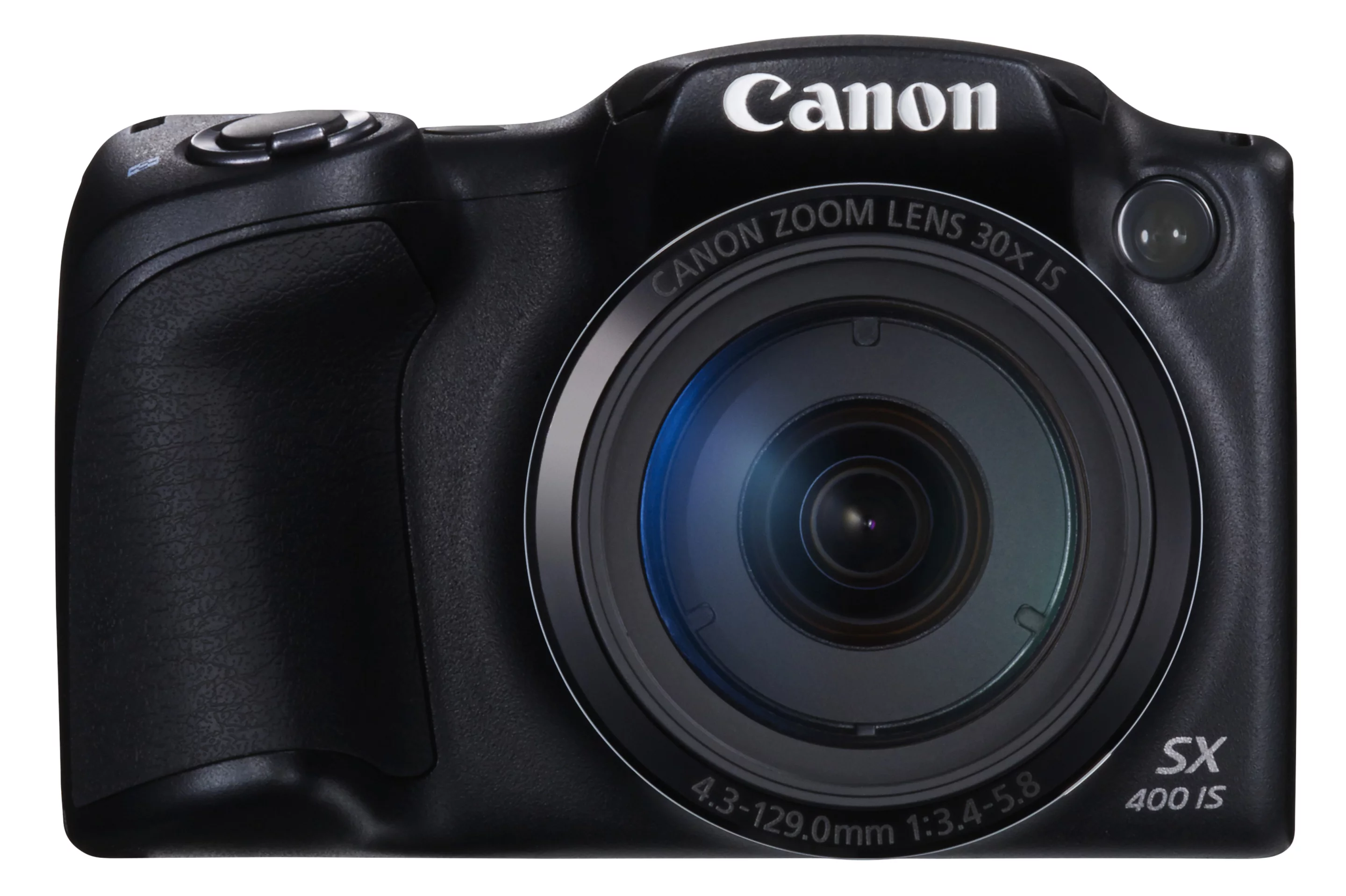 The lens on the Canon PowerShot SX400 IS is a 24-720-mm equivalent F3.4-F5.8