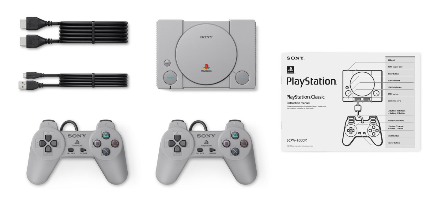 The PlayStation Classic includes two controllers, a USB cable for power and an HDMI cable to output to a TV