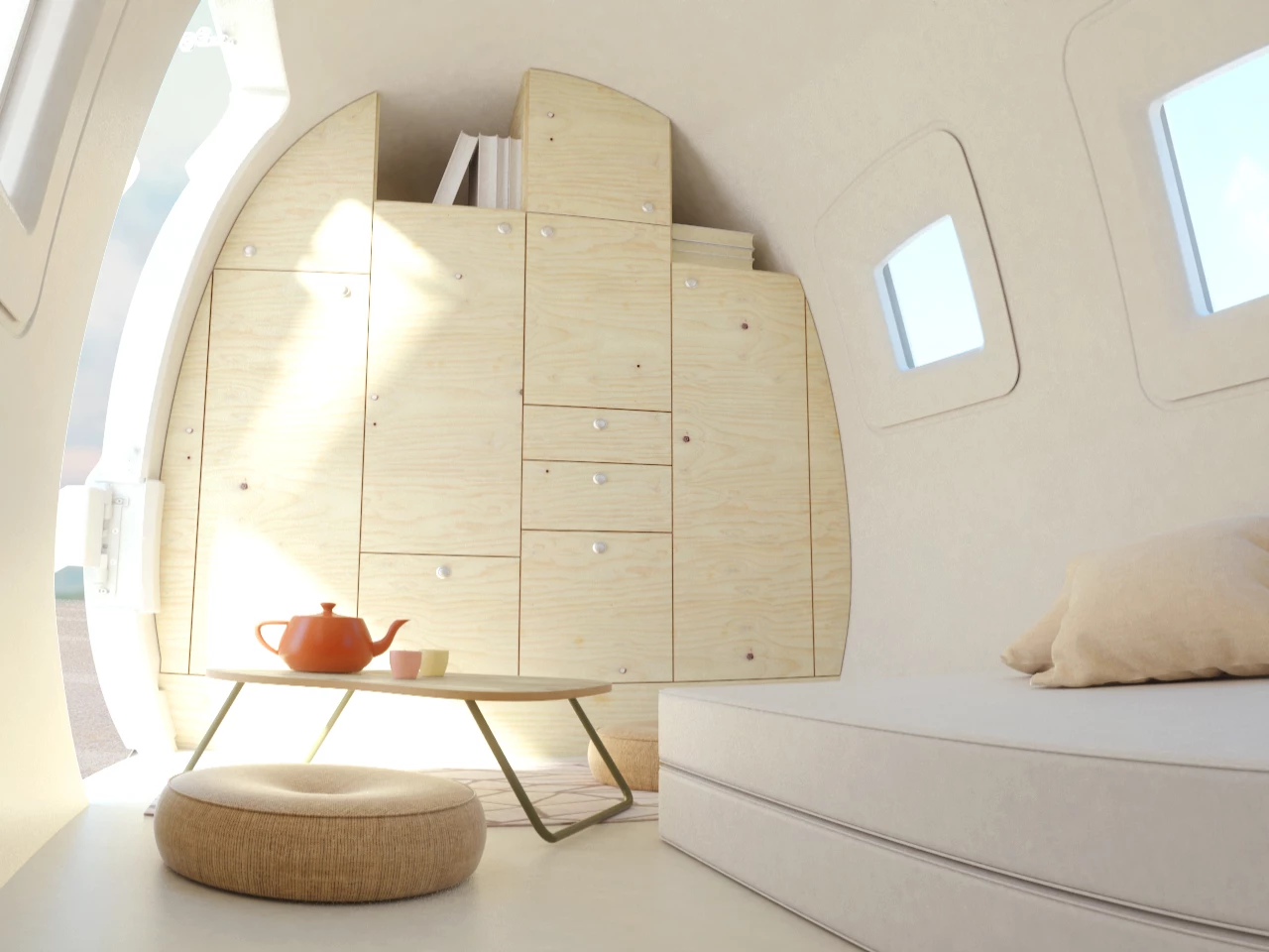 As standard, the Space by Ecocapsule's interior comes with a wooden floor and the storage space pictured
