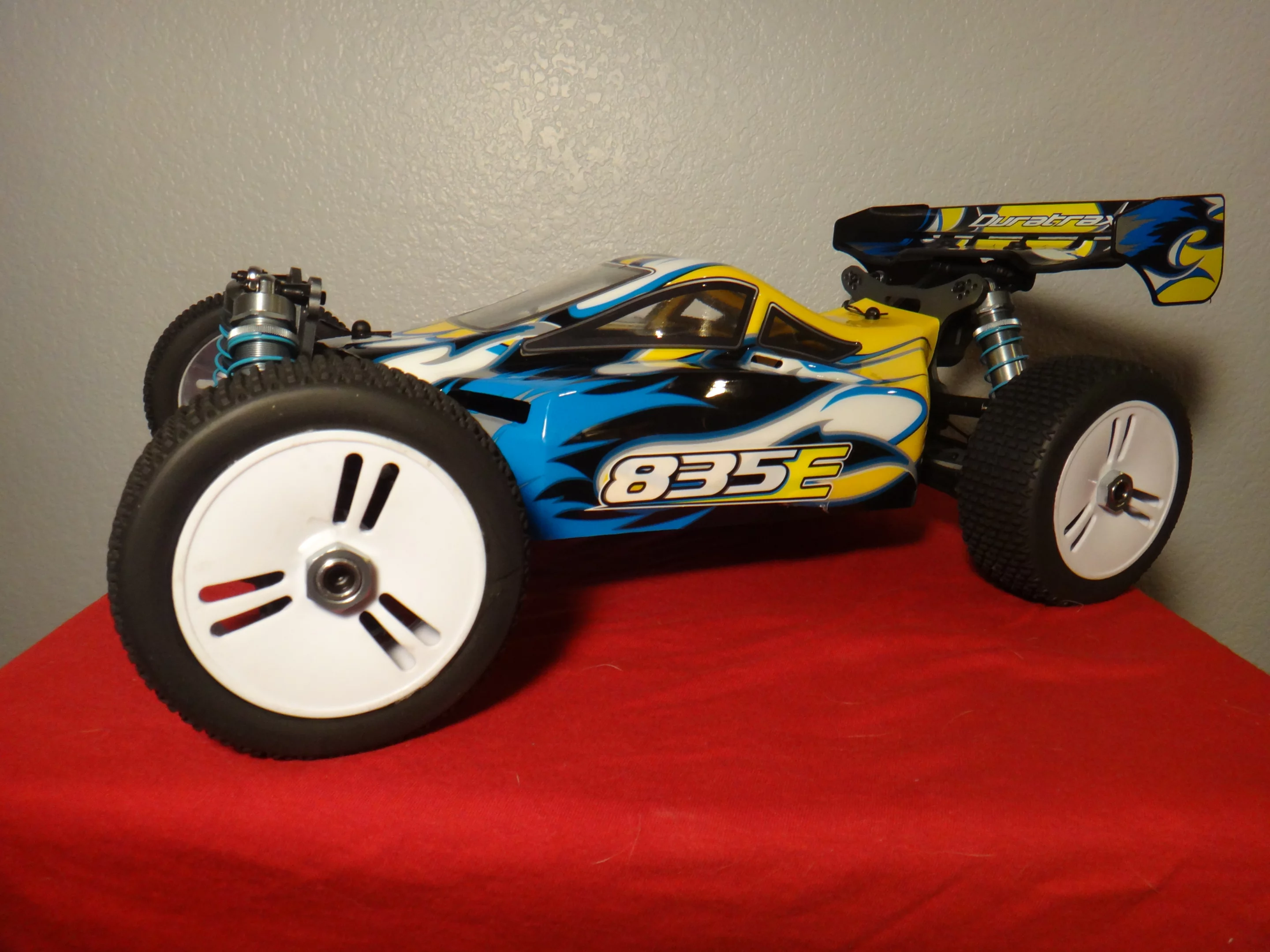 The tires are designed for racing and contain foam inserts, so they never need inflating and grip the terrain firmly while in motion