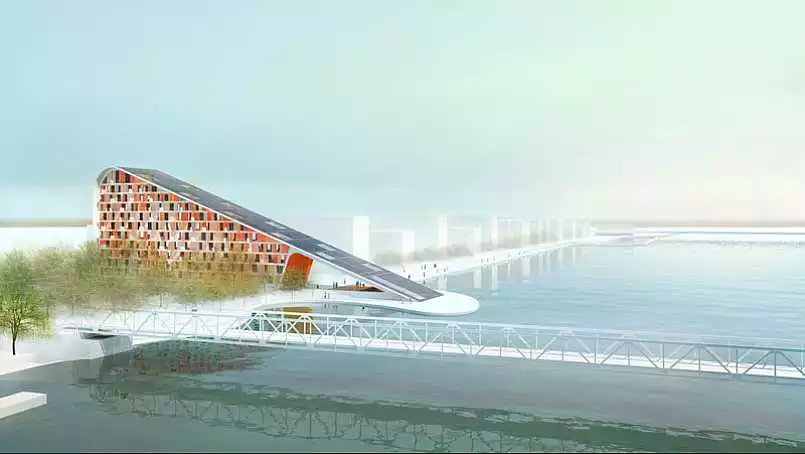 Proposed for the Aalborg Waterfront in Denmark, a new housing development would feature 60 apartments, from 4 to 12 stories high, all supplied with a 100 percent renewable energy source (Image by C. F. Moller Architects)