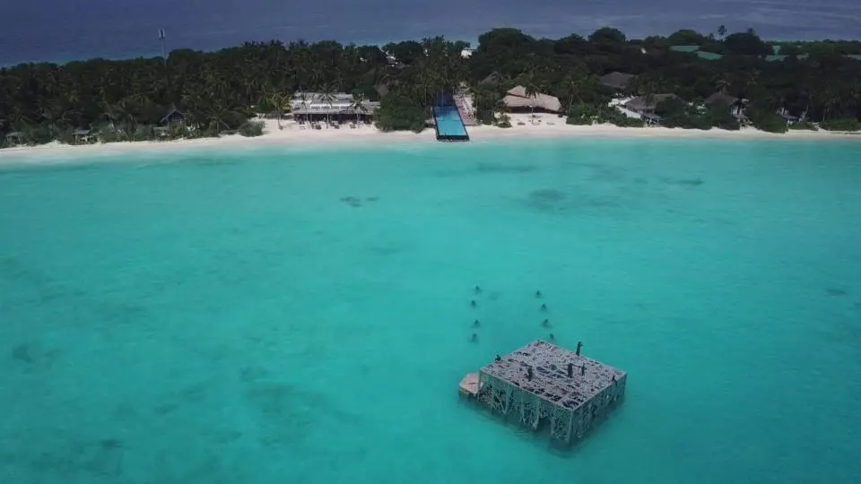 The structure lines up with an infinity pool running across the entire island