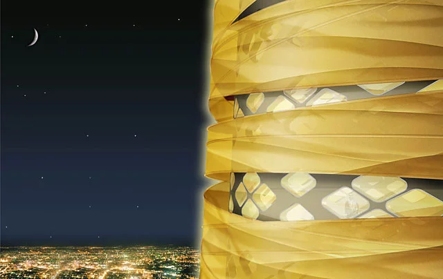 A close-up visualization of the tower's facade by night